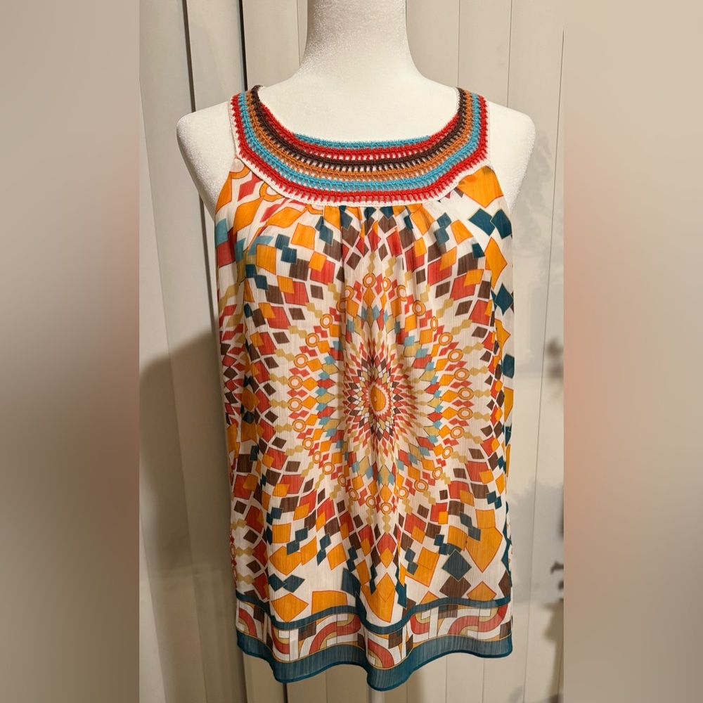 NY Collection Orange and Blue Graphic Embellished Tank Top